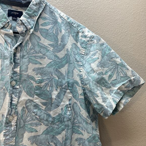 J Crew Flex Washed Shirt Large Slim Fit Blue Tropical Palm Leaves Short Sleeve - Picture 2 of 4